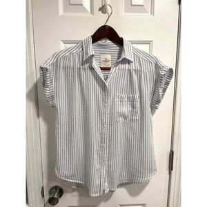 American Eagle  Women's Short Sleeve Button Up Striped Blue White  Shirt Sz Sm
